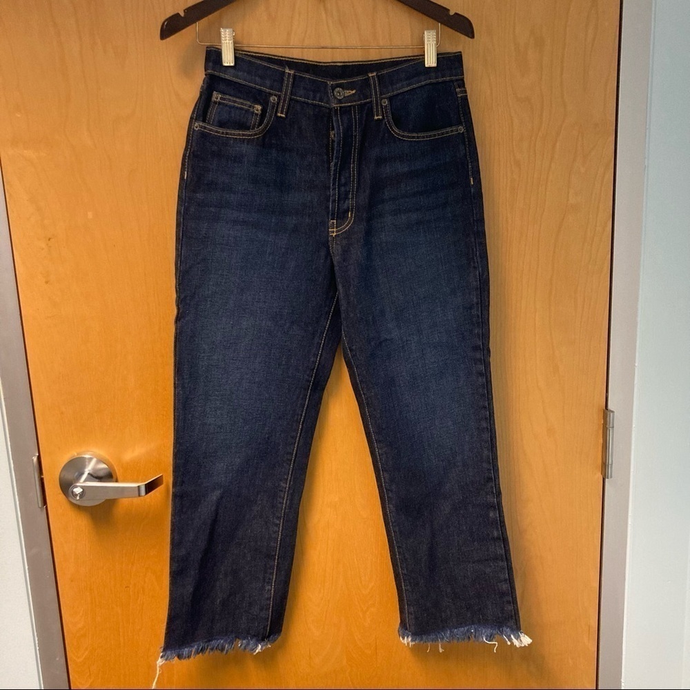 CARMAR Sz 26 High Rise Dark Wash Raw Distressed Hem Button Fly Ankle Jeans